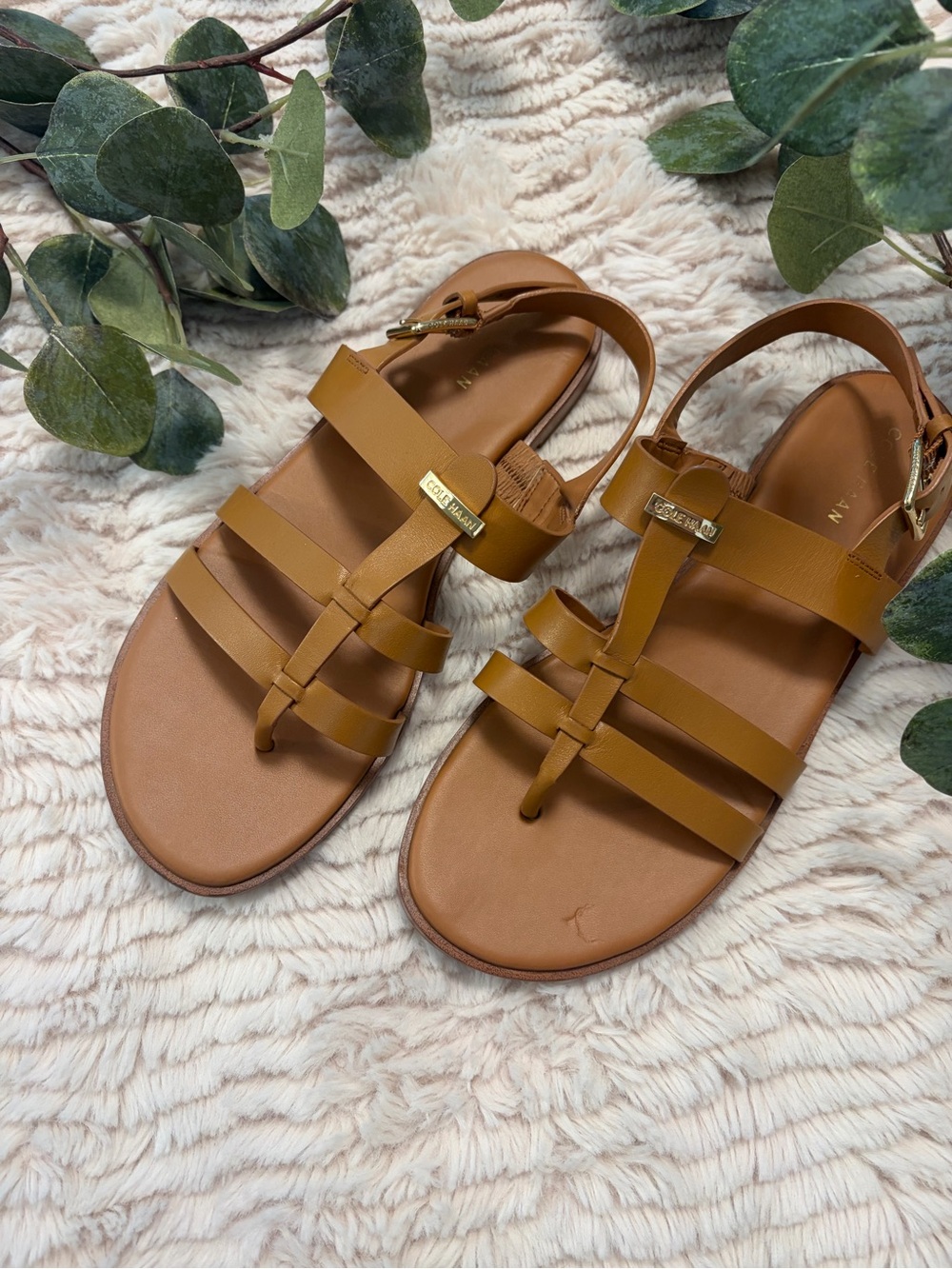 Cole Haan Tan Strappy T-Bar Sandals with Gold Accent Size 7.5. Great condition